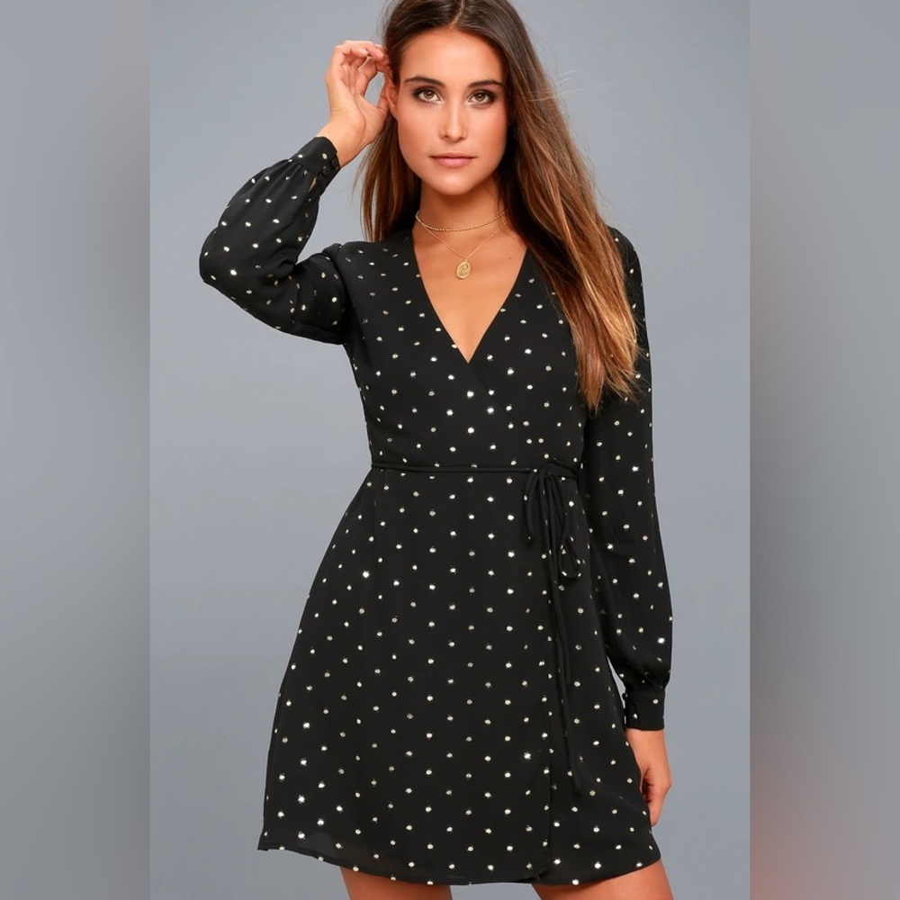 🆕 Lulu’s Wandering Soul Gold and Black Polka Dot Wrap Dress SZ MED